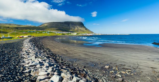 West Iceland Sea Lagoon Landscape at Summer Sunny Weather. Panorama
