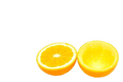 open orange, a squeezed half, isolated on white background with space for text