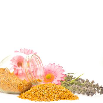 Bee pollen in glass jar and flowers on white background and blank space for text