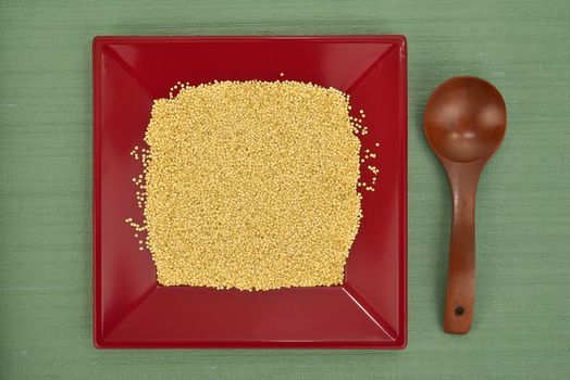 quinoa platter garnet wooden spoon on green tablecloth