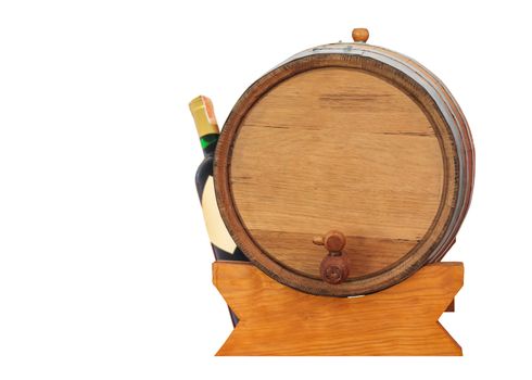 wine barrel and bottle on white background