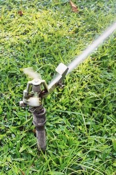 sprinkler head watering the flowers and grass