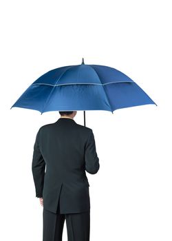 Businessman and umbrella on white background