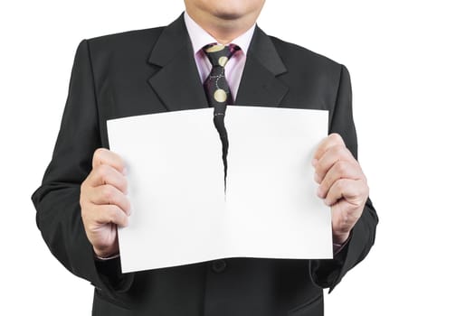 Businessman tearing sheet white paper on white background