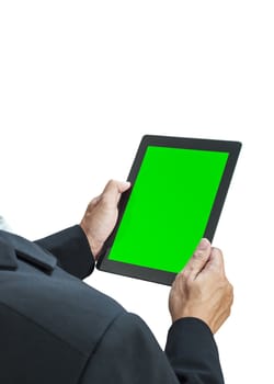 business man holding digital tablet, green screen on white background