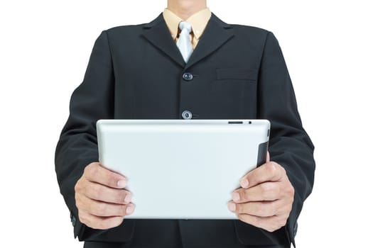 businessman working and holding digital tablet on white background