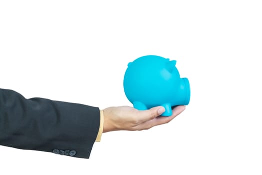 Businessman hand holding piggy bank on white background