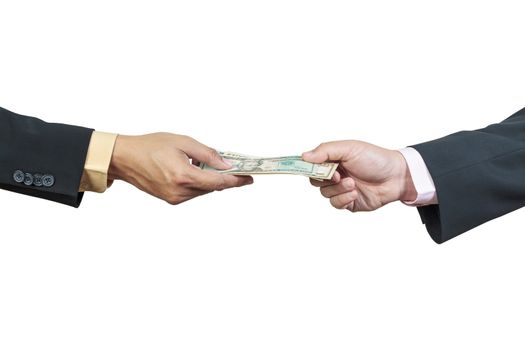 businessman hand and money to other for corruption concept on white background