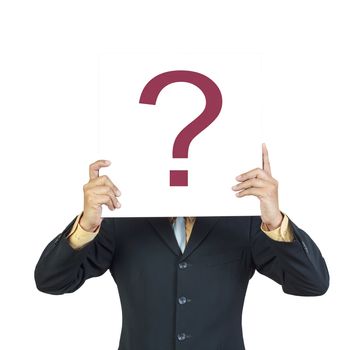 Business man holding question sign or present showing over head on white background