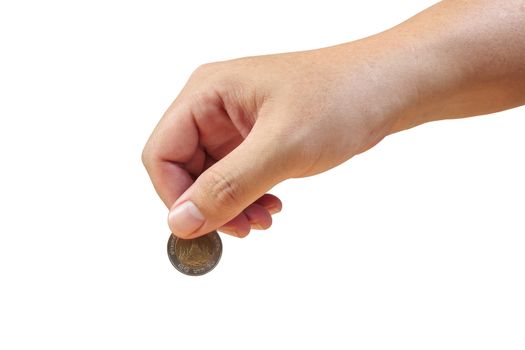 Saving money, hand putting coin