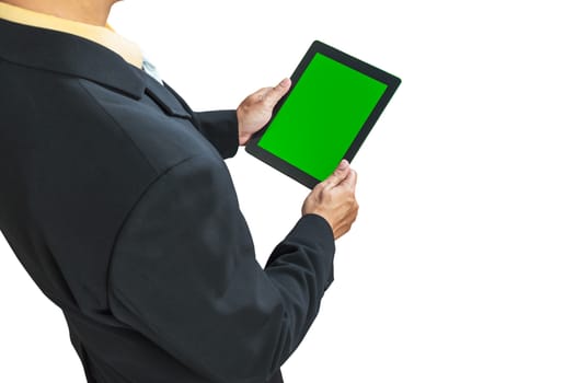 business man holding digital tablet, green screen on white background