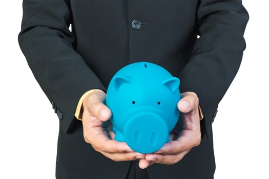 Businessman hand holding piggy bank on white background