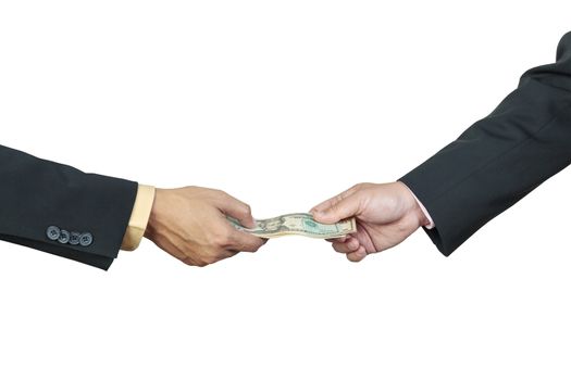 businessman hand and money to other for corruption concept on white background