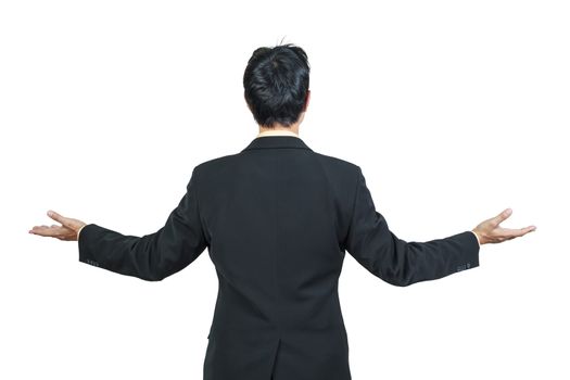 back view of businessman behind and presenting  on white background
