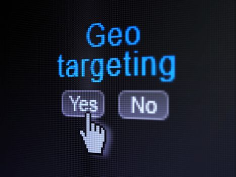 Business concept: buttons yes and no with pixelated word Geo Targeting and Hand cursor on digital computer screen, selected focus 3d render