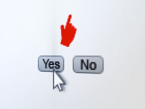Social media concept: buttons yes and no with pixelated Mouse Cursor icon and Arrow cursor on digital computer screen, selected focus 3d render
