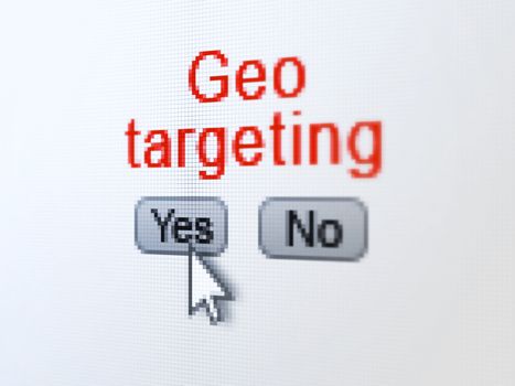 Finance concept: buttons yes and no with pixelated word Geo Targeting and Arrow cursor on digital computer screen, selected focus 3d render