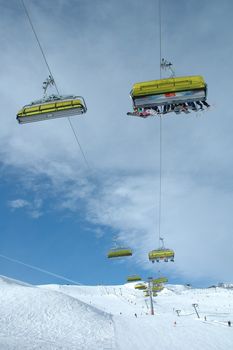 Kaltenbach, Austria - February 04: Ski lifts and unidentified skiers on Ofelerjoch nearby Kaltenbach in Zillertal in Austria
