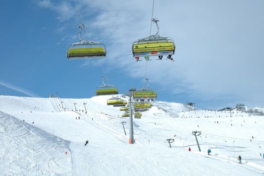 Kaltenbach, Austria - February 04: Ski lifts and unidentified skiers on Ofelerjoch nearby Kaltenbach in Zillertal in Austria