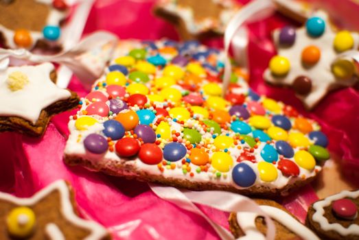 Detail of Christmas holiday heart shape M&M's like cookies