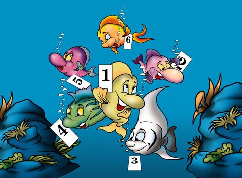 Fish and Numbers - Cartoon Background Illustration, Bitmap