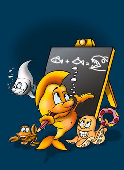 Fish in School - Cartoon Illustration, Bitmap