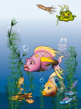 Fish World - Cartoon Illustration, Bitmap