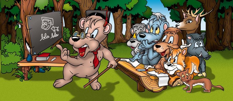 Forest School - Animals School as Cartoon Illustration, Bitmap