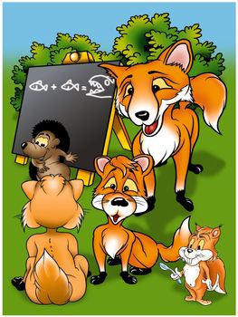 Foxes in School - Cartoon Illustration, Bitmap