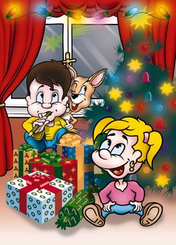 Christmas Cartoon Kids - Holiday Background Illustration, Bitmap