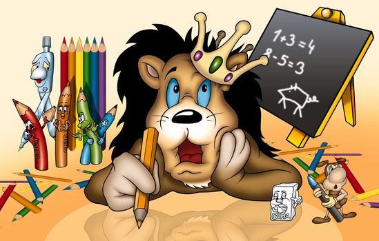 Lion in School - Cartoon Illustration, Bitmap