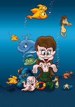 Mermaid - Cartoon Background Illustration, Bitmap