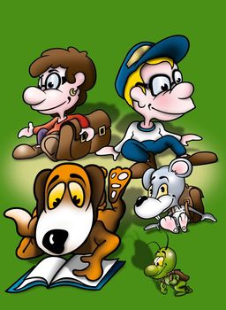 School Kids and Animals - Cartoon Background Illustration, Bitmap