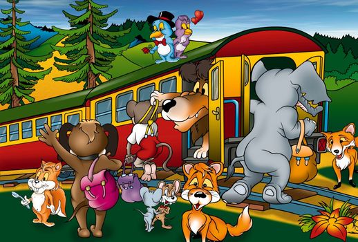 Train Trip - Cartoon Background Illustration, Bitmap