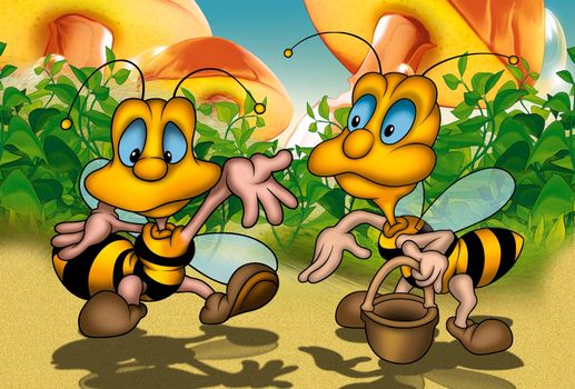 Two Bees - Cartoon Background Illustration, Bitmap