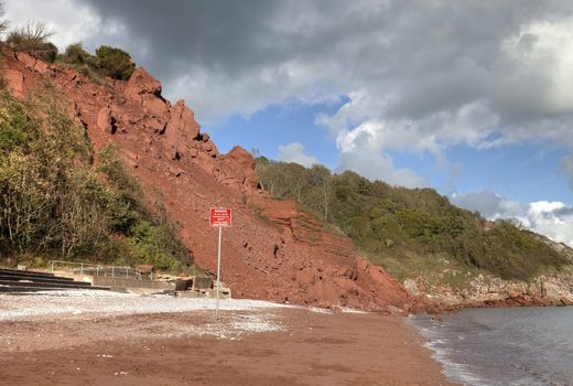 Coastal erosion at Babbacombe Beach, Devon, England.