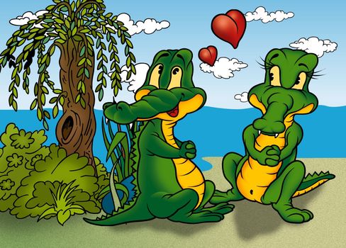 Two Crocodiles - Cartoon Background Illustration, Bitmap