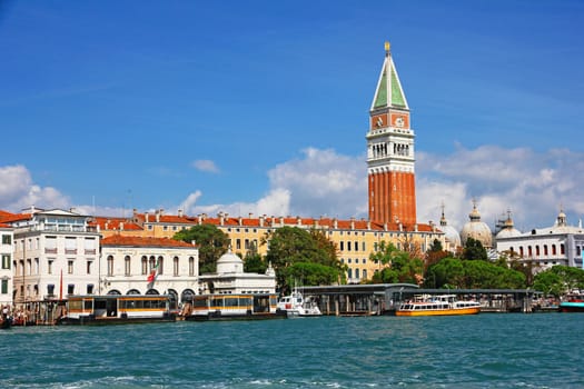 Italy. Venice. View of the lagoon with Campanile on Piazza di San Marco and water bus ( vaporetto ) stop 