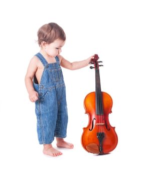 baby and violin isolated on white. Choosing future profession