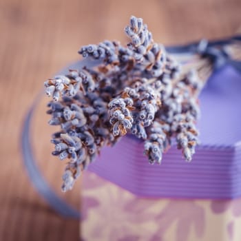 Dry lavender bunch and gift box, shallow DOF