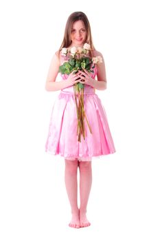 Girl in pink dress like doll isolated on white