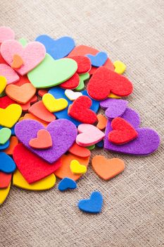 Colorful hearts stickers background. Valentine decorations. Various hearts