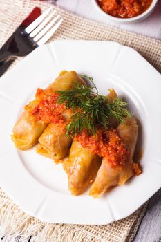 Stuffed cabbage with tomato dip on the plate