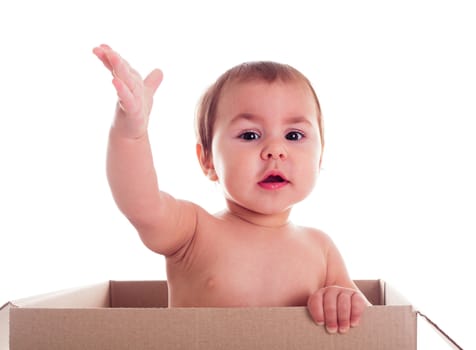 A small child (baby) crawls out of the box isolated