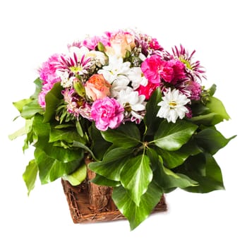 Pink flowers bouquet in a bowl isolated on white