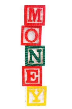 Word "money" made from alphabet blocks on white
