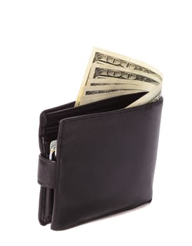 Black leather wallet with dollars and credit cards isolated