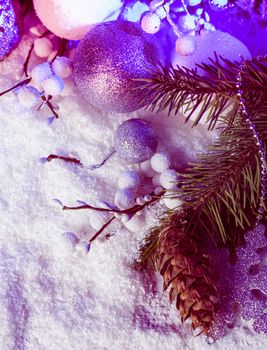 White and silver christmas decor with blue light