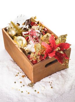 Wood box with christmas decoration, preparation for holidays