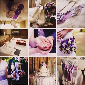 Collage from nine wedding  photos in violet style